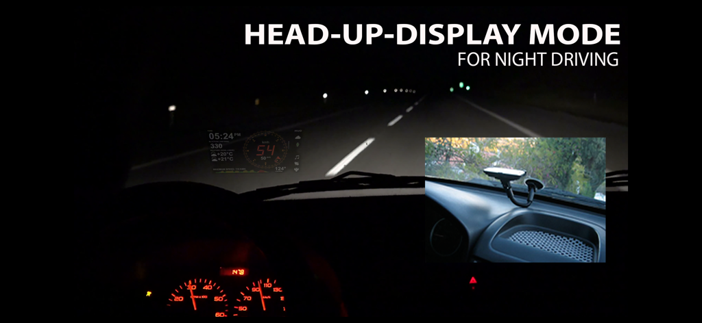aSmart HUD - aSmart HUD app interface reflected on a car windshield during night driving