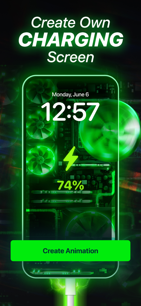 Battery Charging Animation・Up - Animación de carga de ventilador verde neón en la pantalla de un iPhone