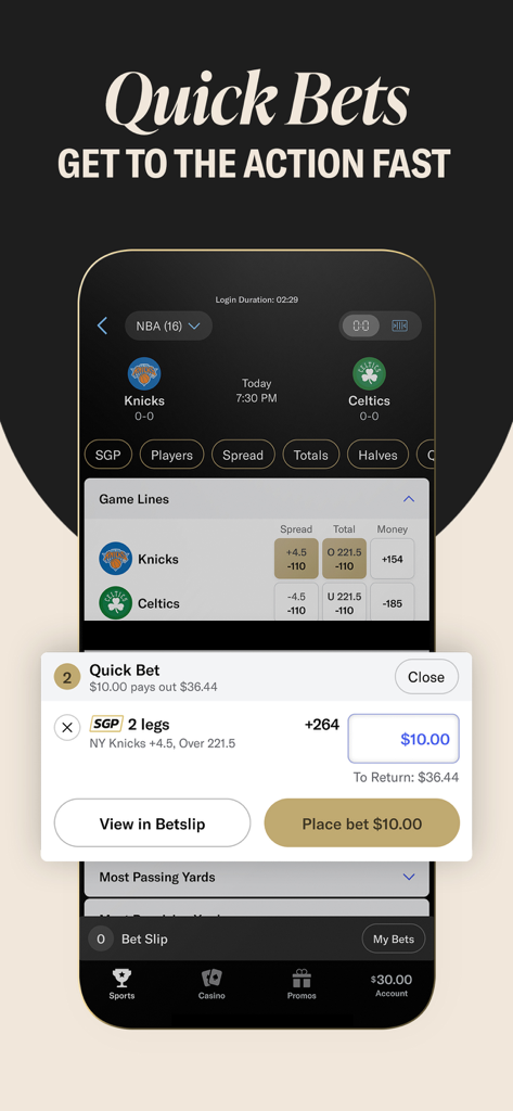BetMGM app interface displaying a quick bet feature for an NBA same game parlay