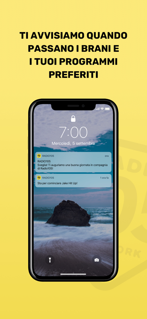 Radio 105 - Smartphone lock screen with Radio 105 notifications for alarm and favorite programs