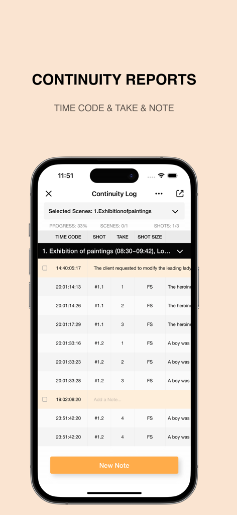 iPhone screenshot of the Previs Shot app showing a detailed continuity log with time codes, shot numbers, and take information for film production.