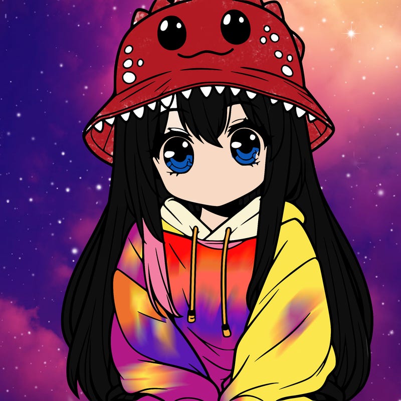 girl with anime shaped eyes with a dinosaur bucket hat oversized sweatshirt long straight hair