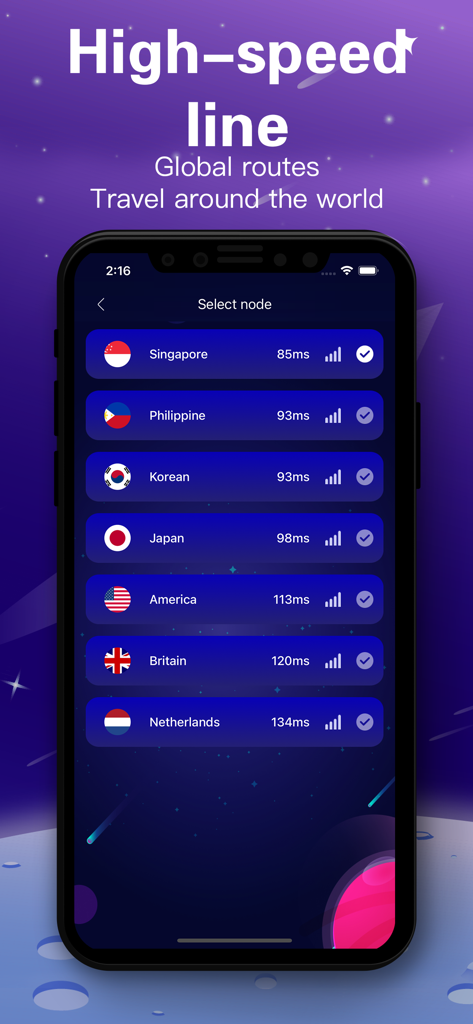 Twister加速器-VPN网络加速 - Twister Accelerator interface showing high speed VPN nodes and latency for global network routes