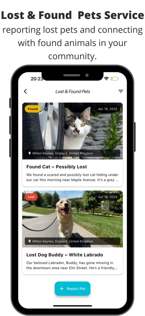 Pets Home: Rehome & Adopt Pets - A mobile app interface of the Lost and Found Pets Service showing listings for a found cat and a lost dog in the local community.