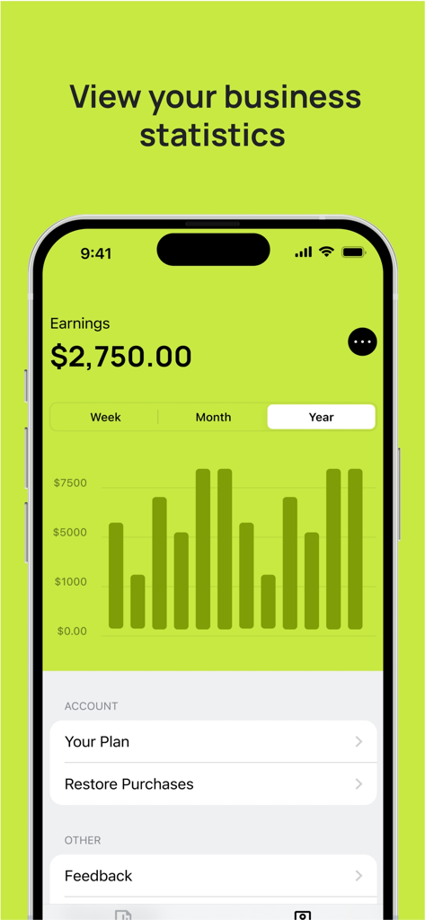 A mobile app dashboard showing annual business earnings and a performance bar chart for a solopreneur
