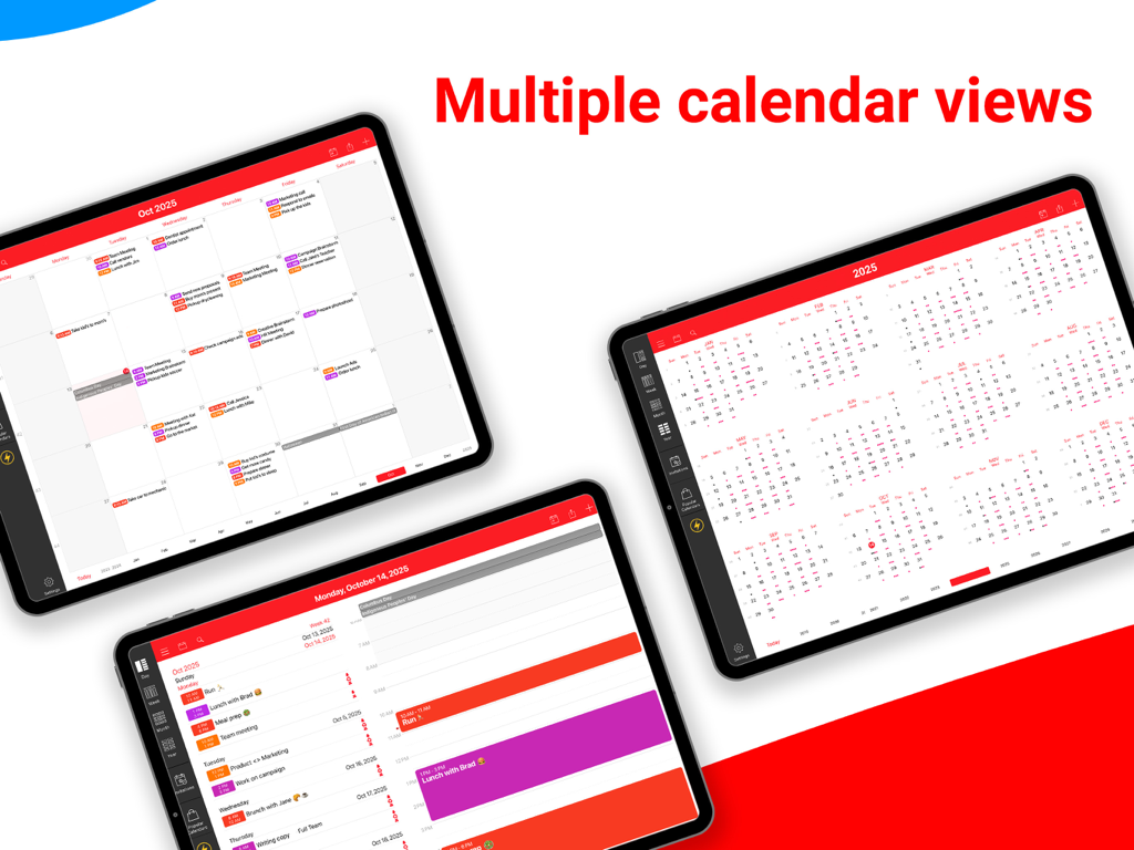 WeekCal für iPad zeigt verschiedene Kalenderansichtsoptionen, einschließlich Monats-, Jahres- und Tagesplanlayouts