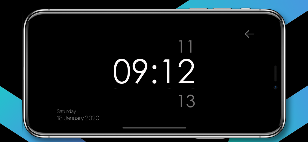 Big Clock - Pro Time Widgets - Relógio digital minimalista em tela cheia em um iPhone em modo paisagem mostrando hora e data.
