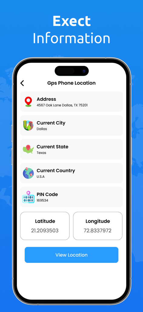 GPS Phone Location Map Tracker - GPS Phone Location app displaying detailed address and geographic coordinates for a tracked mobile number