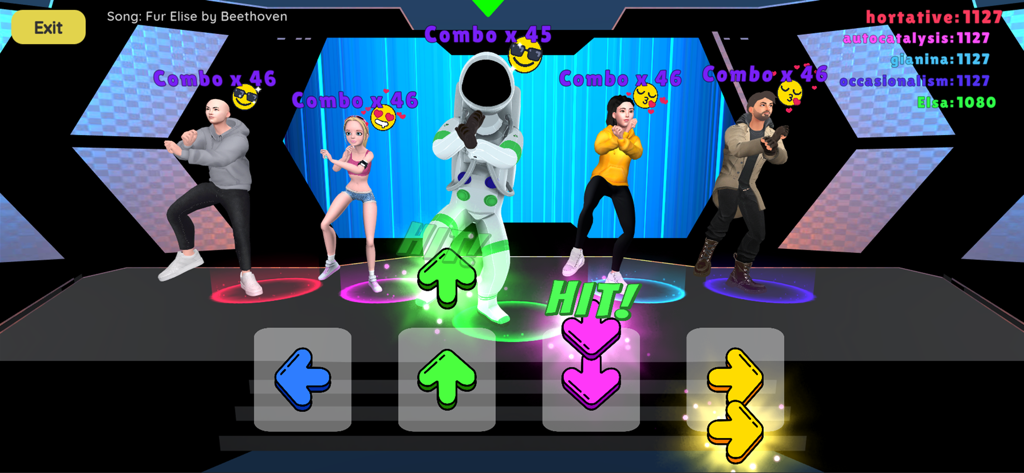 Dance Battle 3D - Multiple 3D characters performing dance moves in a rhythm battle competition