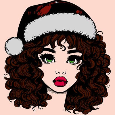 realistic girl with a santa hat curly hair and lips