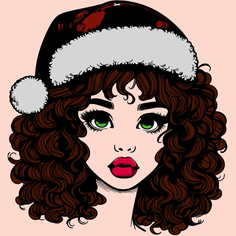 realistic girl with a santa hat curly hair and lips
