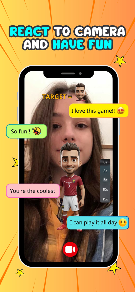 Filter Challenge: Master Cut - Una mujer joven usando la función de filtro de cámara con un avatar de personaje y comentarios estilo redes sociales.