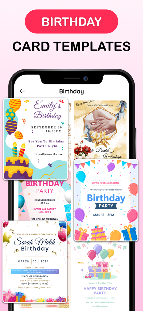 Invitation Maker: RSVP & Cards - Mobile app screen displaying various colorful birthday invitation templates for easy customization