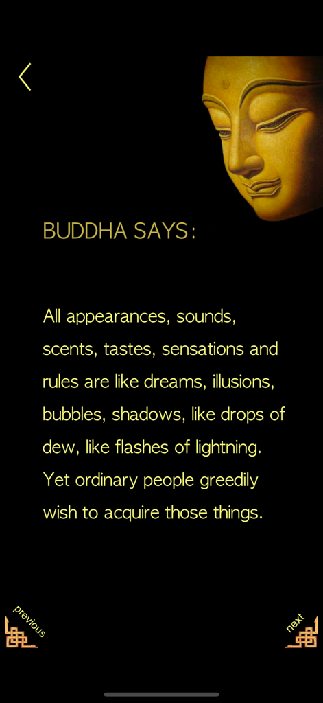 Buddha - Magic Prayer Wheel ! - A golden Buddha head and a spiritual quote about the nature of reality on a dark background within the app