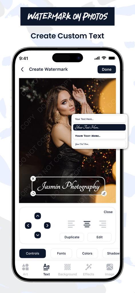 Add Watermark on Photos - Interface of the Add Watermark on Photos app showing a custom text watermark being edited on a professional portrait photo.