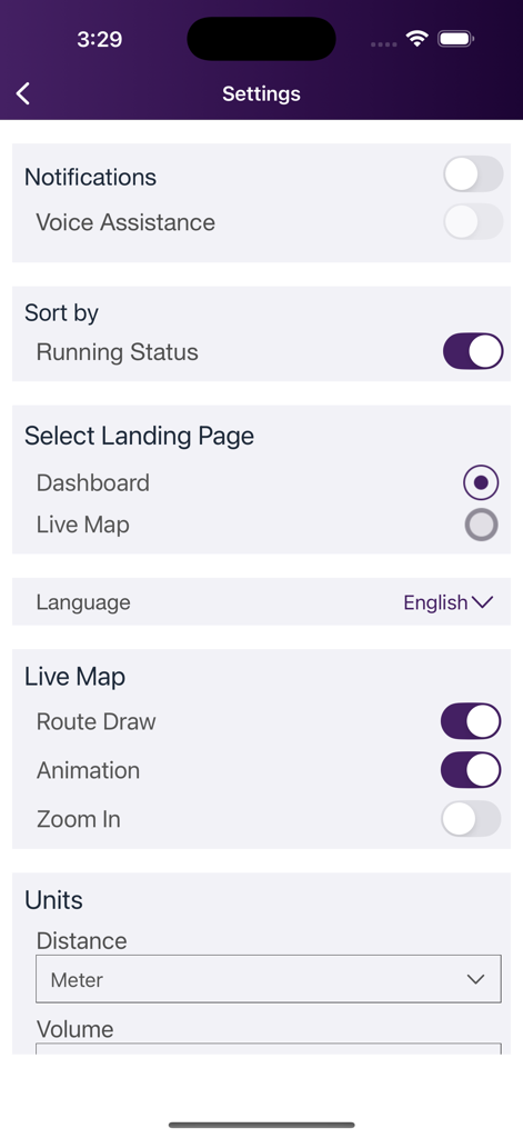 TB Global - Vehicle Tracking - Benutzereinstellungen-Oberfläche in der TB Global Fahrzeugverfolgungs-App mit Karten- und Benachrichtigungsoptionen