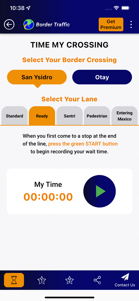 Interfaz de la aplicación Border Traffic que muestra la función 'Cronometrar mi cruce' para el carril Ready de San Ysidro