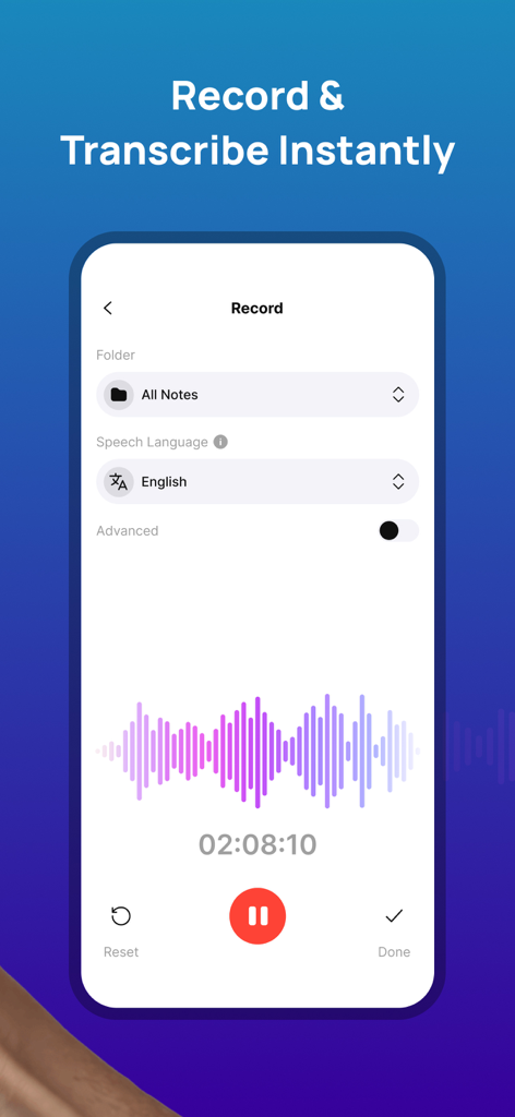 NoteX: AI Note Taker, Notebook - NoteX AI note taker app showing the voice recording and instant transcription interface with a colorful audio waveform.