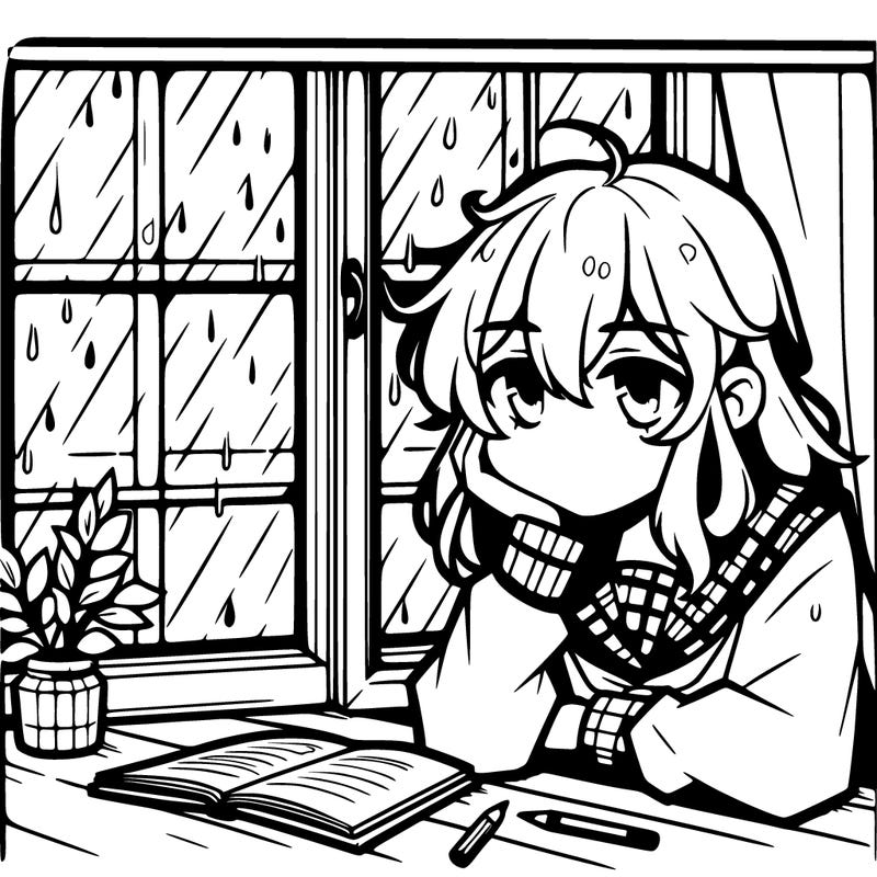 a anime girl who’s tired sitting by a window with rain outside the window