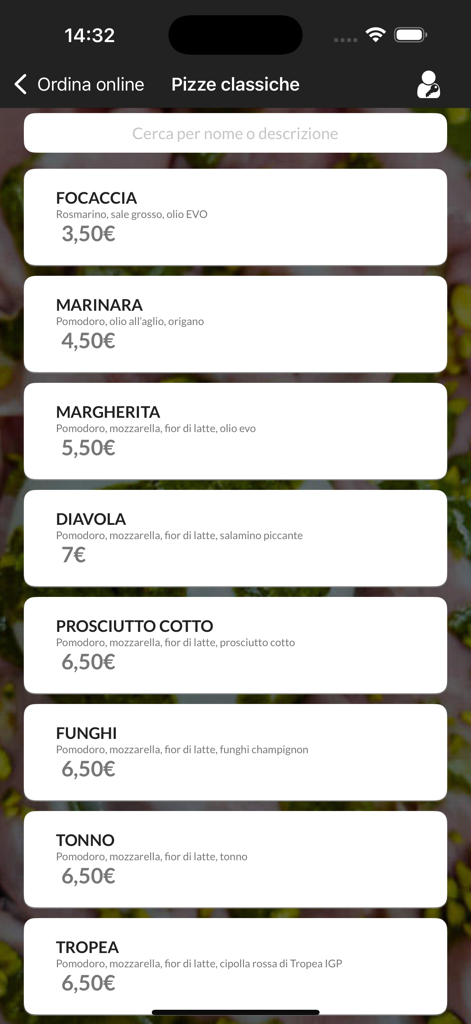 Mastro Pizza Treviso - Classic pizza menu list with prices in the Mastro Pizza Treviso mobile application
