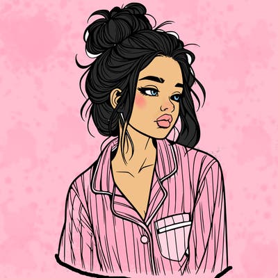 realistic woman with pajamas on and a messy bun