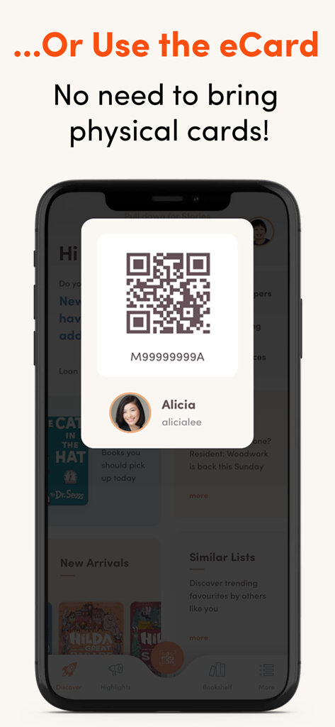 NLB Mobile - Función eCard de la aplicación NLB Mobile que muestra un código QR para el acceso a la biblioteca digital
