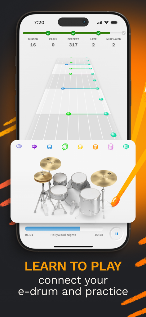 Beatlii: Drum Lessons - Beatlii app showing gamified note highway drum lessons and e-drum connection interface