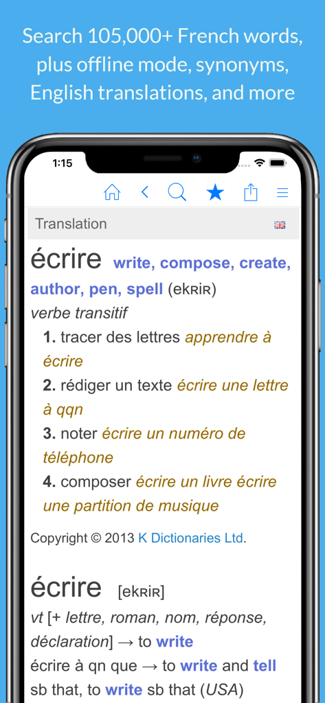 Mobile app screen showing French definitions and English translations for the word ecrire