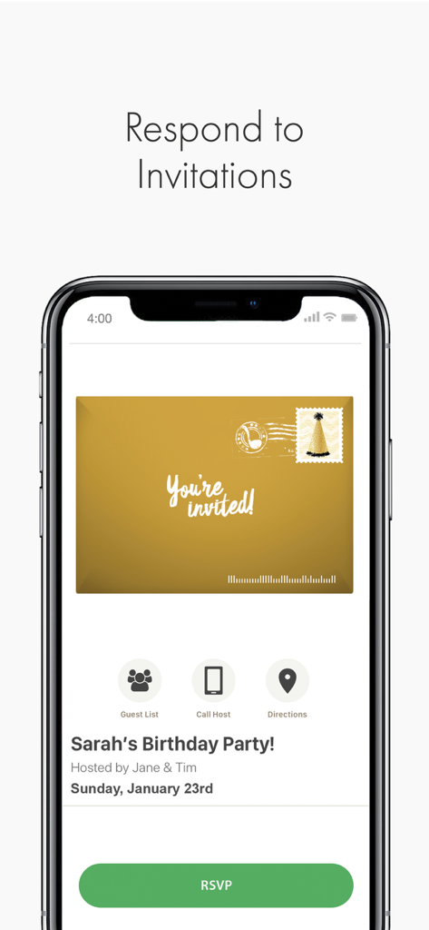 Punchbowl: Invitations & Cards - Punchbowl app screen for responding to a digital birthday party invitation with an RSVP button
