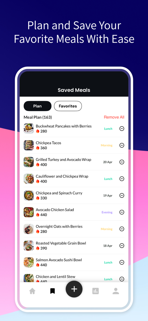 A list of saved and planned meals showing calorie counts and meal times in the AI Calorie Tracker app.