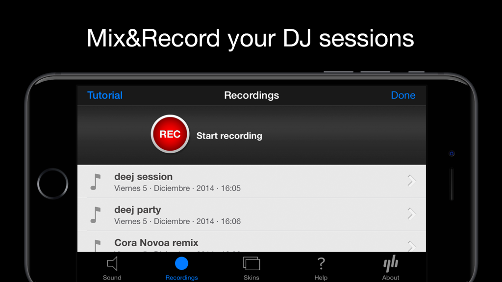 deej - DJ turntable. Mix, record, share your music - Interface of the deej app on an iPhone showing the recordings screen with a list of DJ sessions and a start recording button.