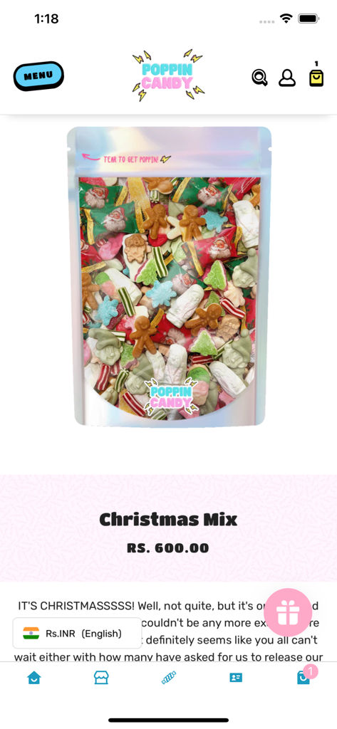 Interfaz de la app móvil que muestra la página de producto Poppin Candy Christmas Mix con una bolsa de dulces festivos.