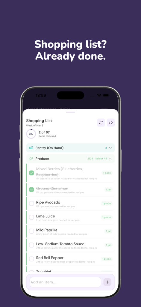 Nica: Baby Food & Meal Planner - Digital shopping list feature in the Nica app showing ingredients like avocado and berries with checkmarks