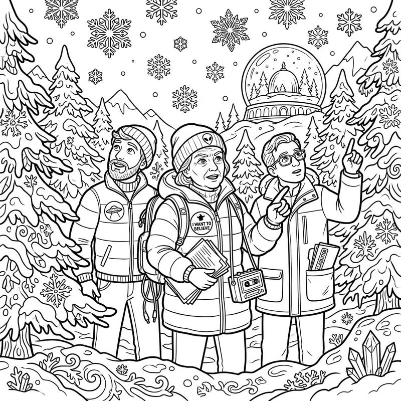 Embark on a mysterious winter journey with our UFO Whistleblowers coloring page, set amidst a beautifully detailed snowy landscape. This unique design offers a thrilling blend of intrigue and seasonal charm, perfect for coloring enthusiasts.
