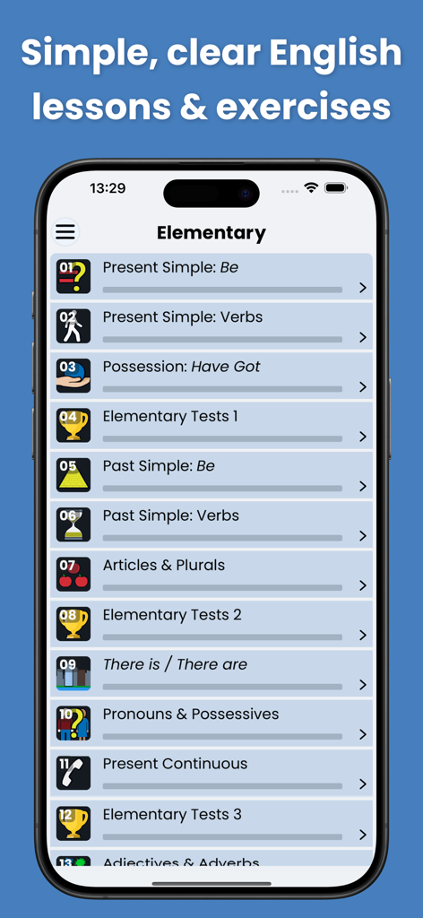 English Grammar Star: Games - Mobile screen showing a list of elementary English grammar topics and practice tests.