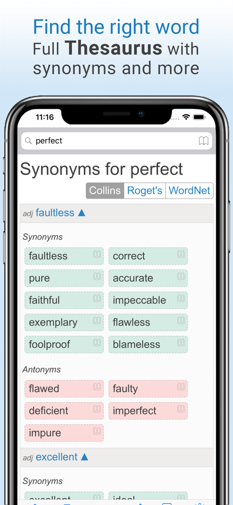 iPhone screen showing synonyms and antonyms for the word perfect in the Dictionary and Thesaurus Pro app