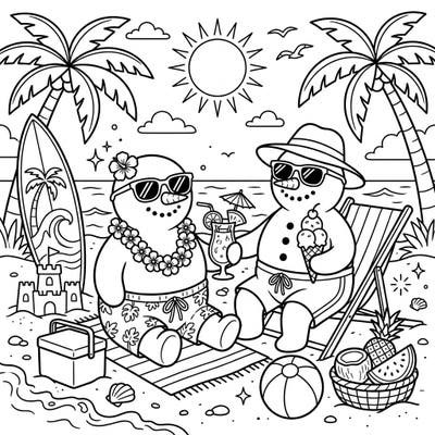 Imagine a winter wonderland meeting a tropical paradise with this delightful coloring page. Two decorated snowmen are enjoying a fun-filled summer vacation on a sunny beach, complete with all the essential seaside delights.