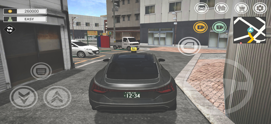 Japan Taxi Simulator : Driving - A grey taxi driving through a realistic narrow street in Osaka
