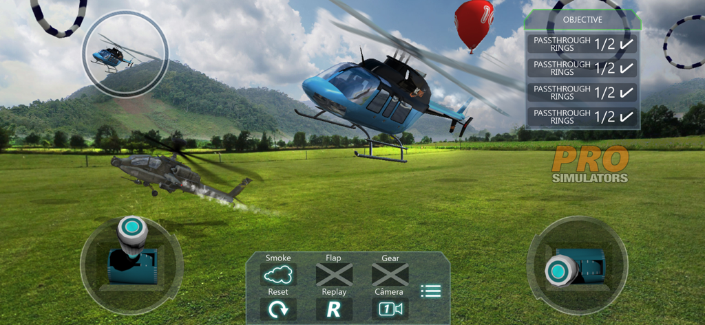 RC helicopter flying through target rings in the RC Flight Simulator Pro Radio app