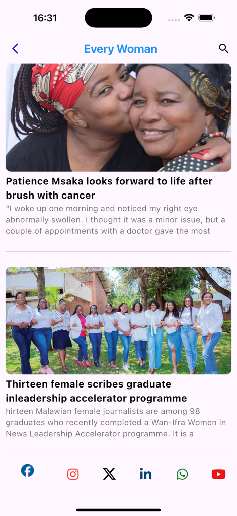 Nation Online - The Every Woman news section of the Nation Online app featuring articles about Malawian women's health and leadership