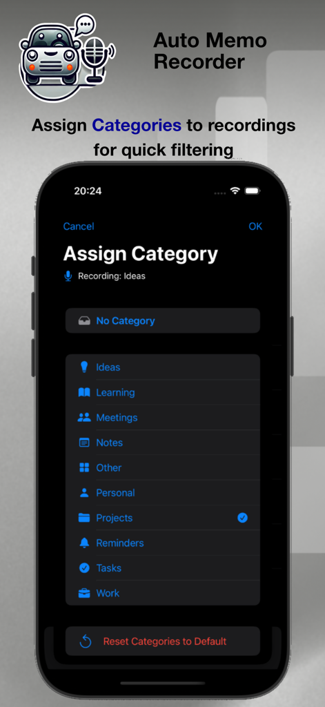 Auto Memo Recorder - Interfaz para asignar categorías como Ideas, Reuniones y Trabajo a las grabaciones en la aplicación Grabadora Auto Memo.