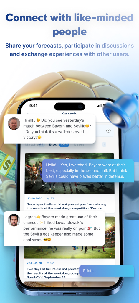 Kush: Betting Predictions - Kush app interface showing a social community chat where users discuss sports predictions