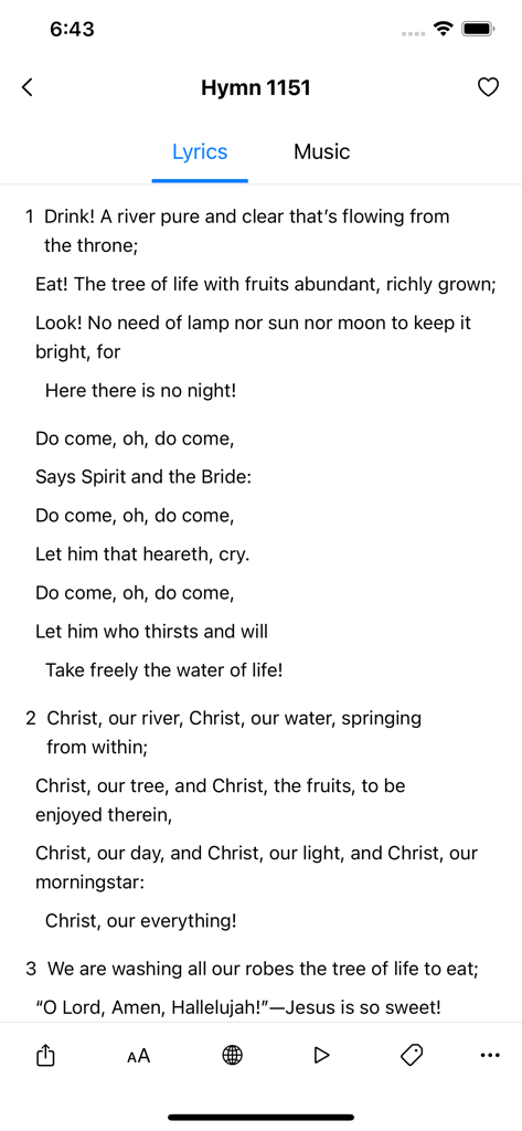 Hymns Mobile - Hymns Mobile app displaying the lyrics for Hymn 1151 with various navigation and adjustment tools.