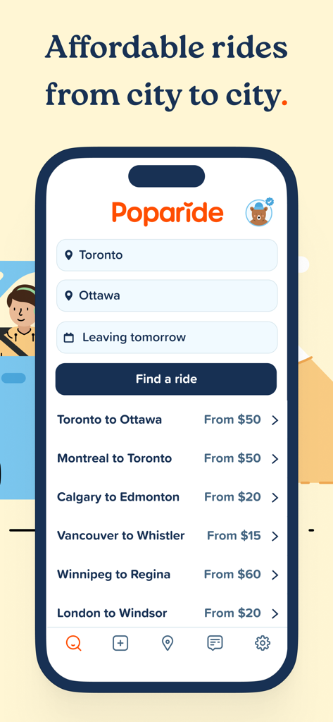 Poparide - Pantalla de la aplicación móvil Poparide que muestra la búsqueda de carpool entre ciudades y los precios de los viajes en Canadá