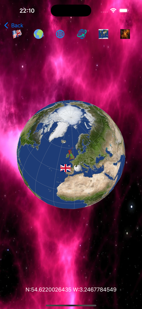 Earth 3D Globe - World Map - Globe 3D interactif centré sur le Royaume-Uni avec son drapeau affiché sur un fond spatial