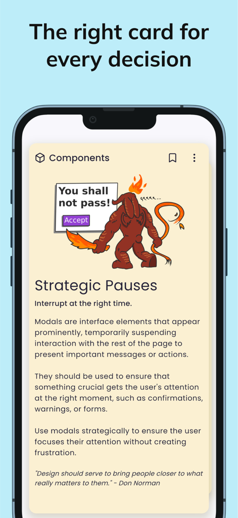 X Decks – UX/UI Cards & Tools - Interfaz de la aplicación móvil X Decks mostrando una tarjeta de diseño titulada "Pausas Estratégicas" sobre el uso de modales en diseño UX UI