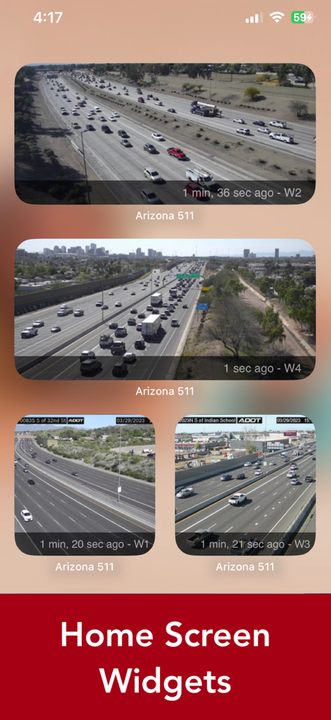 ADOT 511 Traffic Cameras - iPhone home screen displaying four real-time Arizona 511 traffic camera widgets showing highway conditions