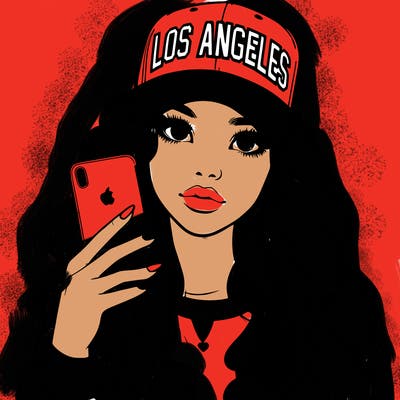 realistic beautiful girl wearing los ángeles cap holding an iphone