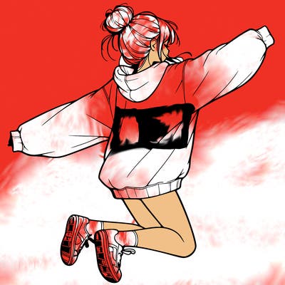 realistic girl jumping with a bun and oversized sweatshirt