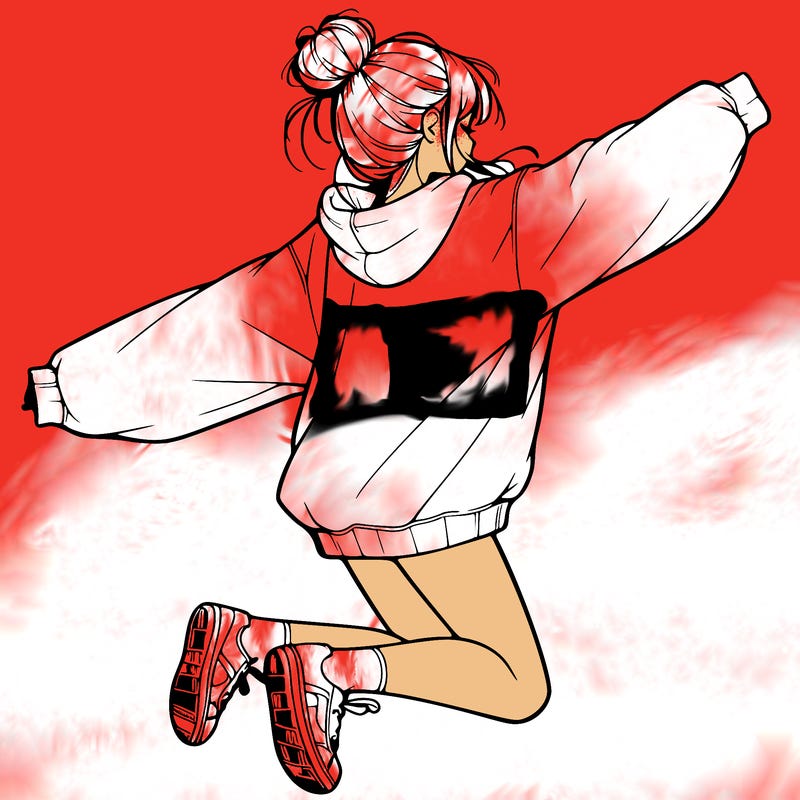 realistic girl jumping with a bun and oversized sweatshirt